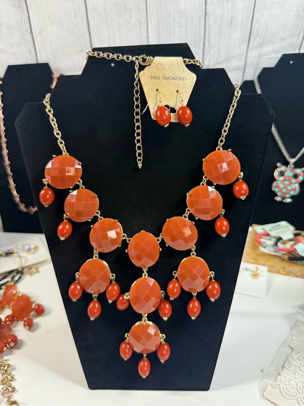 Women's Orange Statement Bib Necklace and Earring Set - Gold color burnt orange